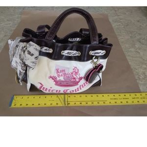 Vtg Designer Juicy Couture White Velour & Brown Shoulder Bag. Pocketbook. Purse 